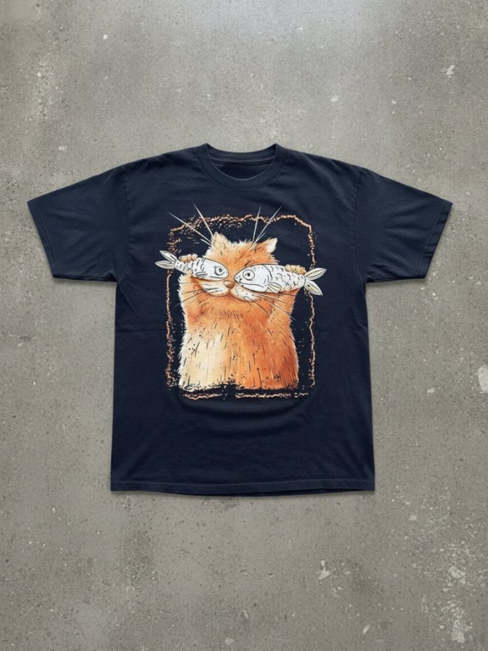 Funny Cat Fish Graphic T-Shirt Cute Animal Lover Tee Navy Blue Unisex